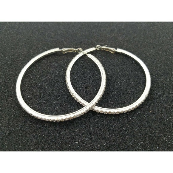 Large Hoop Earrings Silver with Small Rhinestones - Picture 2 of 3